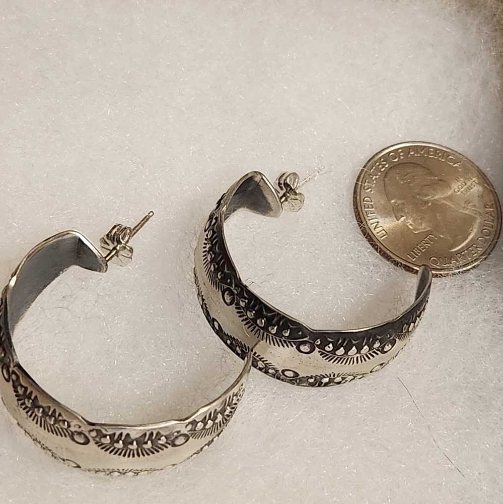 Silver Hoop Earrings Signed By Navajo Artist VJP